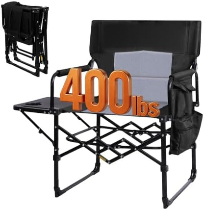 Romswi 2 Pack Folding Director Chair for Outdoor, Heavy Duty Camping Chair with Side Table, Cup Holder & Storage Pockets, Oversized Portable Chair Supports 400 lbs for Fishing, Picnic, Lawn, Black