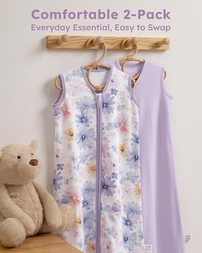 Baby Sleep Sack 6-12 Months 0.5 TOG, 100% Cotton Baby Wearable Blanket 2 Pack with 2-Way Zipper, Lightweight Sleep Bag for Boys ＆ Girls Newborn Infant Breathable Sleeing Sack Purple Flower
