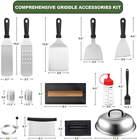 18PCS Griddle Accessories Kit, Flat Top Grill Accessories Set for Blackstone and Camp Chef, Grill Spatula Set with Enlarged Spatulas, Basting Cover, Scraper for Outdoor BBQ