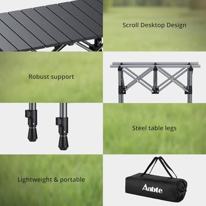 Anbte 2ft Small Roll Up Camping Table, Aluminum Portable, 25” X 16”, Black