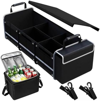 Car Trunk Organizer with Removable Cooler Bag - Collapsible Multi-Compartment Storage for SUV Truck Groceries Camping, Durable Nylon Auto Cargo Organizer (Black)