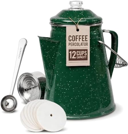 Toughty 12 Cup Enamel Coffee Percolator, Camping Stovetop Coffee Pot, Green