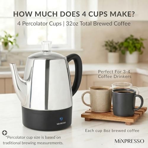 Mixpresso 4 Cup Small Electric Percolator Coffee Pot, Stainless Steel