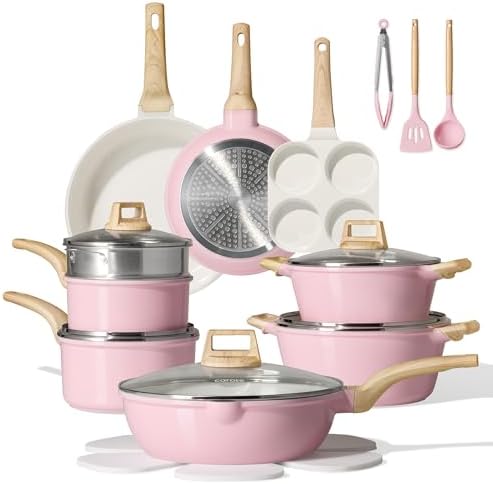 CAROTE 21pcs Ceramic Cookware Set, Pots and Pans Set, Pink