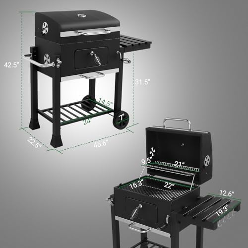 45.6" Portable Charcoal Grill,Metal Outdoor Barbecue Smoker,Heavy Duty Outdoor BBQ Grill,Vertical Camping Barbecue Grill,with Foldable Side Table & Wheels,for Garden Patio Beach Backyard (Black)