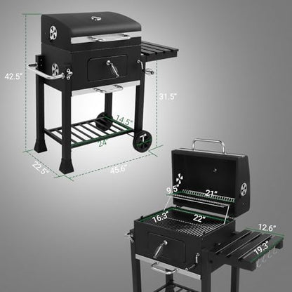 45.6" Portable Charcoal Grill,Metal Outdoor Barbecue Smoker,Heavy Duty Outdoor BBQ Grill,Vertical Camping Barbecue Grill,with Foldable Side Table & Wheels,for Garden Patio Beach Backyard (Black)