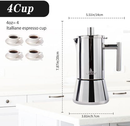 LAOION Stovetop Espresso Maker, 4Cup 6.8 oz Moka Pot, Stainless Steel