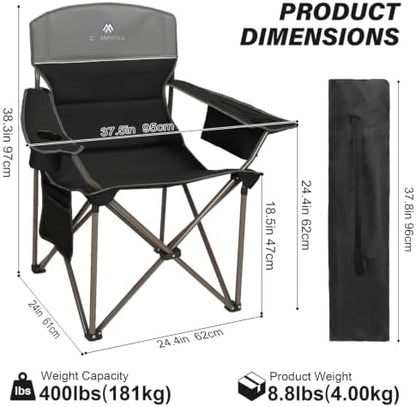 Oversized Camping Chairs 2 Pack - Heavy Duty 400LBS Padded Lawn Chair with Cooler Bag,Cup Holder,Side Pocket,Collapsible for Outdoor,Camp,Fishing & Garden,Black