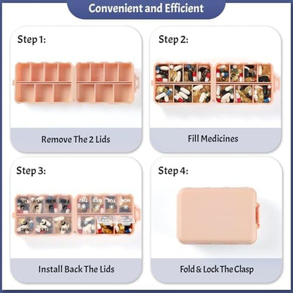 Foldable Portable 7 Day Pill Organizer 2 Times a Day, AM PM Weekly Pill Box
