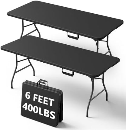 6FT Folding Table, Heavy Duty Plastic Fold-in-Half Utility Table with Handle, Portable Camping Picnic Table with Steel Legs for Indoor Outdoor Party, Dining, Black,2 Pack