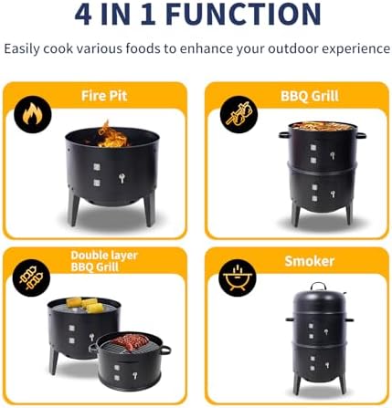 16 inch Vertical Charcoal Smoker, BBQ Grill, Fire Pit, 3-in-1 with Built-in Thermometer, Adjustable Air Vent, Idea for Parties, Backyard, Patio, Camping