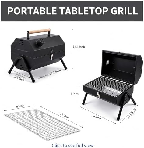 Tabletop Charcoal Grill, Portable Foldable Tabletop BBQ Grill with Dual Sided Griddle & Grill, Compact Folded Design, Thickened Body for Camping, Picnic & Outdoor Cooking