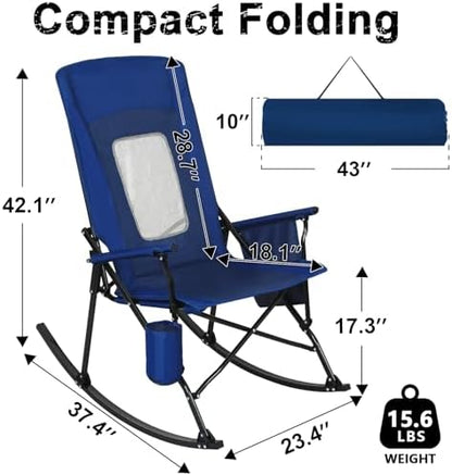 Romswi 2 Pack Rocking Camping Chair for Adult 400LBS Capacity, Heavy Duty Folding Rocking Chairs, Portable Outdoor Rocker with High Back & Hard Armrests for Camping, Beach, Patio, Backyard, Mesh Blue