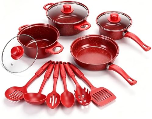 13 Piece Set Non-Stick Cookware Set, Portable Lightweight Cast Iron Pots and Pans with Glass Lids and Nylon Utensils for Outdoor Camping Picnic Travel Cookware