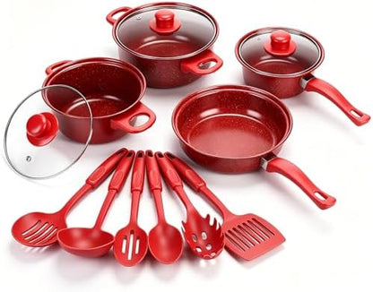 13 Piece Set Non-Stick Cookware Set, Portable Lightweight Cast Iron Pots and Pans with Glass Lids and Nylon Utensils for Outdoor Camping Picnic Travel Cookware