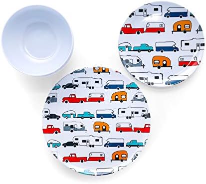 Camco Life is Better at The Campsite Dishware Set | Features a Virtually Unbreakable Melamine Construction, is Top Rack Dishwasher Safe, and has a Multicolored RV-Themed Design | 12-Piece (53297)