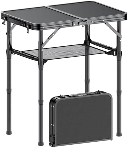 Folding Camping Table, 2 FT Folding Portable Camping Table, Outdoor&Indoor Picnic Table with 3 Adjustable Height Max 27.1",Lightweight Aluminum Camping Tables, Car Camping Essentials-Pure Black