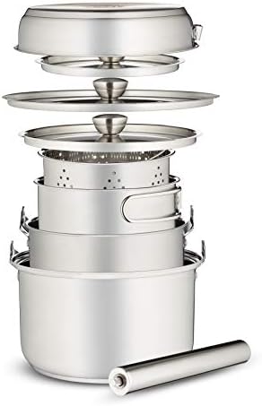 Camping Cookware Set 304 Stainless Steel 8-Piece Pots & Pans Open Fire Cooking Kit | Frying Pan Steamer with Travel Tote Bag | Compact For Outdoors & Indoors Kitchen Family Campfire Hiking RV