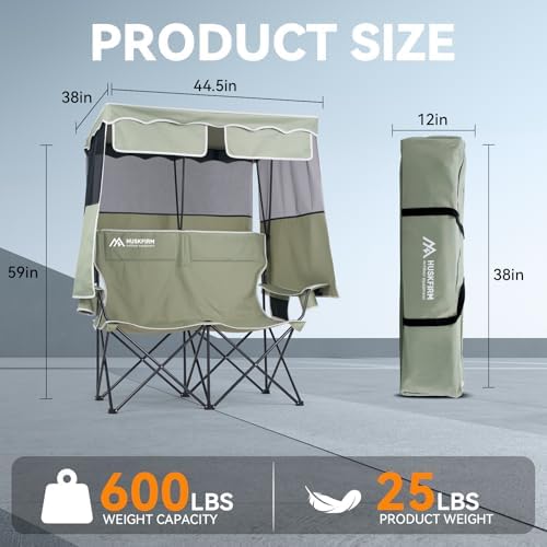 Double Camping Chair with Canopy,2 Person Folding Chair with Canopy, Green