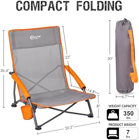 Portal Beach Chairs for Adults Camping Low Lightweight Portable Chair with Cup Holder Mesh Back Carry Bag for Outdoor Sand Lawn Travel Picnic Festival Concert