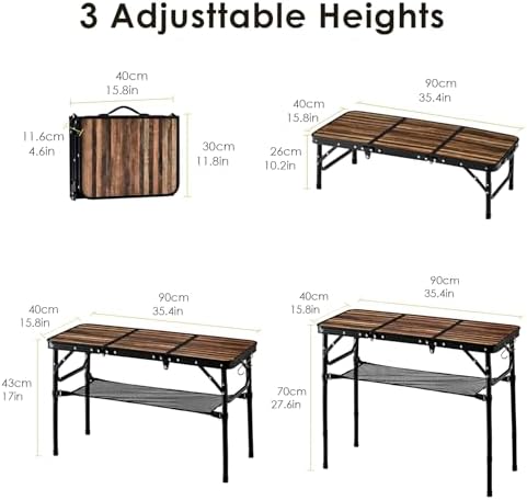 Folding Picnic Table 3ft Portable Camping Table Adjustable Heights