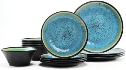 Melamine Dinnerware Sets, 12 Pcs Plates and Bowls for 4, Blue and Black