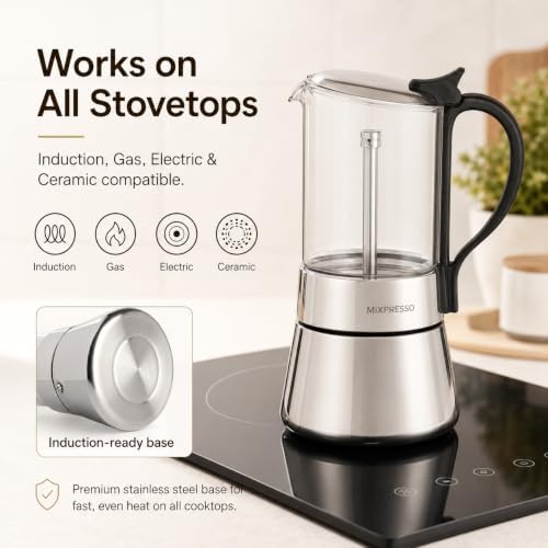 Mixpresso 9 Cup Greca Moka Pot, Glass Stovetop Espresso Maker