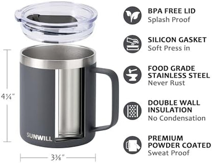 SUNWILL Travel Coffee Mug with Lid, Insulated Tumbler with Handle, 14 oz Stainless Steel Cup for Home, Office, Camping, Powder Coated Charcoal