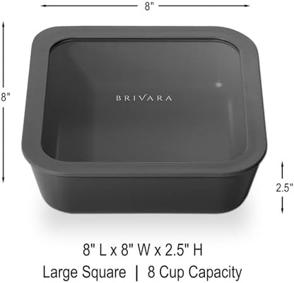 Glass Food Storage Container with Lid, 8-Cup Large Square | Microwave-Safe Airtight Lid, Oven-Safe Ceramic-Coated Glass | Zero Plastic, No PFAS/PFOA/BPA, Reusable [Onyx]