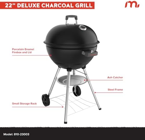 Megamaster 22" Deluxe Charcoal Grill, Portable with Adjustable Air Vent