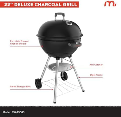 Megamaster 22" Deluxe Charcoal Grill, Portable with Adjustable Air Vent
