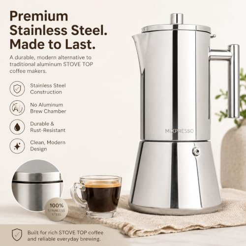 Mixpresso 9 Cup Stainless Steel Moka Pot Stovetop Espresso Coffee Maker