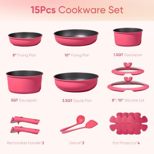 CAROTE 15pcs Pots and Pans Set Non Stick, Cookware Set Detachable Handle