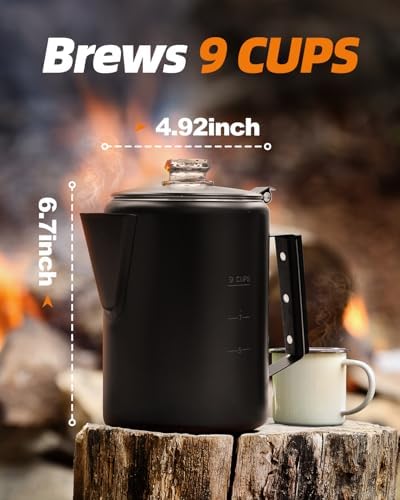 MEREZA Coffee Percolator Stovetop Camping Coffee Pot Stainless Steel 9 CUP Camping Coffee Maker Outdoor Home NO Aluminum or Plastic Black