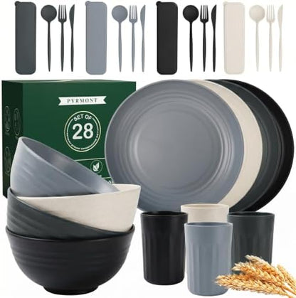 PYRMONT Plates and Bowls Sets 28 Pcs Wheat Straw Dishes Set for 4