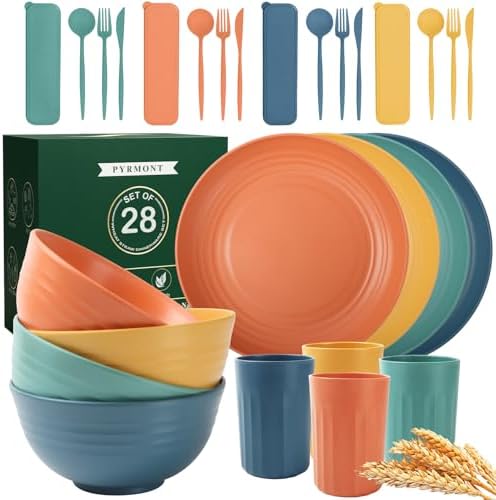 PYRMONT Wheat Straw Dinnerware Sets Unbreakable Dish Set for 4 Dishwasher & Microwave Safe Plates and Bowls Sets 28 PCS Alternative Plastic Dishes Set for Camping,Picnic,BBQ-Colorful