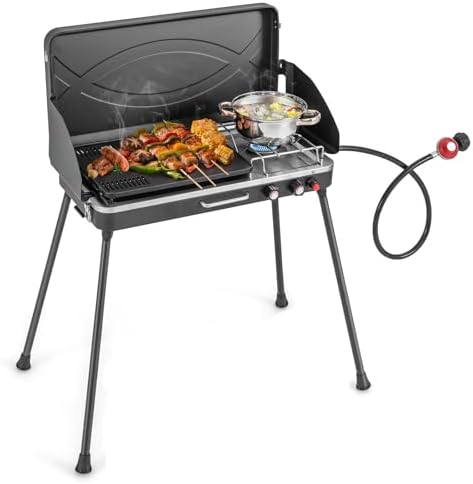 2-Burner Gas Camping Stove, Portable BBQ Grill with Detachable Legs, Roast Grill & 3-Sided Wind Screen, 22,000 Total BTUs of Power, Outdoor Propane Burner Grill Stove for Picnic (Black)