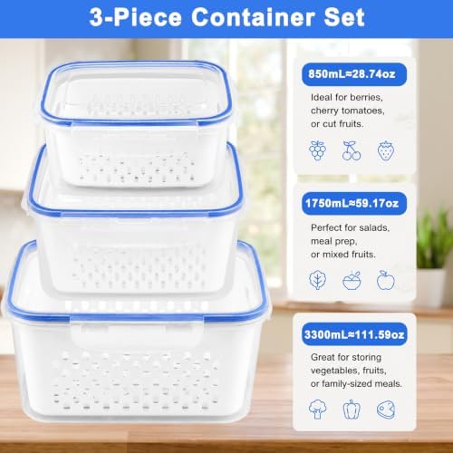 Airtight Fruit Storage 3Pcs – Removable Colander Baskets for Fridge