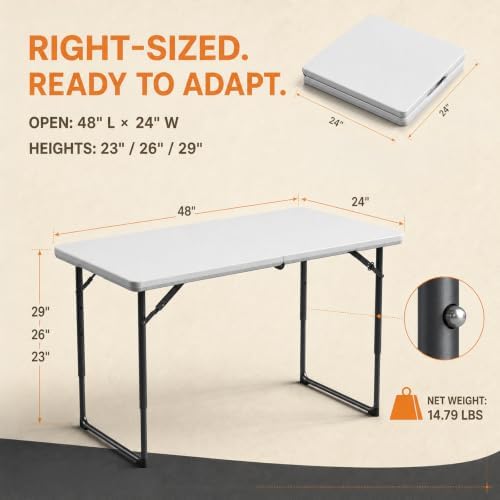 4FT Folding Table 3 Levels Adjustable Height, Heavy Duty Fold-in-Half Portable Table, 400 lbs Capacity Foldable Table for Party Dining Camping Events Picnic Outdoor Indoor Use, 2 Pack