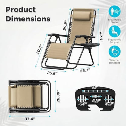 Homall Zero Gravity Chair Patio Folding Lawn Outdoor Lounge Gravity Camp Reclining Lounge Chair with Cup Holder Pillows for Poolside Backyard and Beach Set of 4 (Beige)