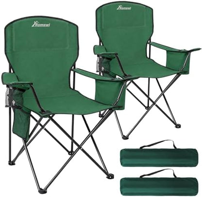 Camping Chairs for Adults, 2 Pack Heavy Duty Folding Chair with 4-Can Cooler Bag, Portable Outdoor Chair with Cup Holder, Collapsible for Tailgating, Beach, Fishing, Green