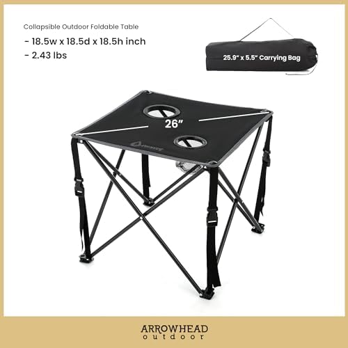 ARROWHEAD OUTDOOR 26” (66cm) Portable Camping Folding Table, 2 Cup Holders, Square, Carrying Case, Steel Frame, High-Grade 600D Canvas