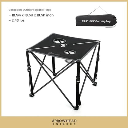 ARROWHEAD OUTDOOR 26” (66cm) Portable Camping Folding Table, 2 Cup Holders, Square, Carrying Case, Steel Frame, High-Grade 600D Canvas