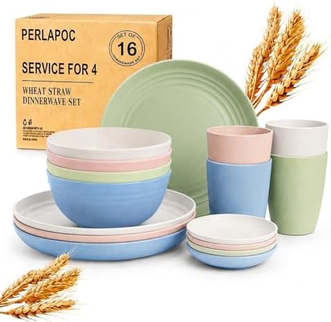 Wheat Straw Dinnerware Sets for 4, 16 Piece Unbreakable Kids Dinnerware Set, Toddler Plates and Bowls Sets, Kitchen Plates and Bowls Set, Lightweight Dish Set for Travel Camper Dishes - Colorful