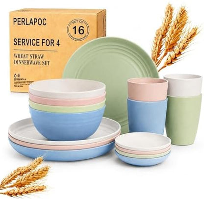Wheat Straw Dinnerware Sets for 4, 16 Piece Unbreakable Kids Dinnerware Set, Toddler Plates and Bowls Sets, Kitchen Plates and Bowls Set, Lightweight Dish Set for Travel Camper Dishes - Colorful