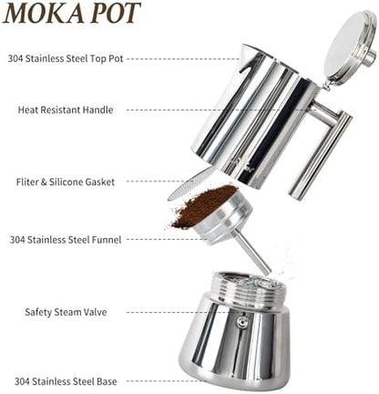 LAOION Stovetop Espresso Maker, 6Cup 10 oz Moka Pot, Stainless Steel