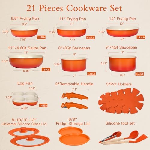 GIPP Pots and Pans Set Non Stick,Kitchen Cookware Set Detachable Handle, Non Toxic Cooking Pan Set with Frying Pans Set,RV Cookware Sets for All Stoves, Orange Gradient, 21PCS