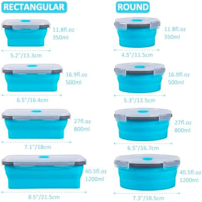8 Pack Collapsible Food Storage Containers with Lids, Silicone Collapsible Food Containers, Collapsible Storage Containers Sets for Snack Camping RV, Microwave Freezer Dishwasher Safe, Blue