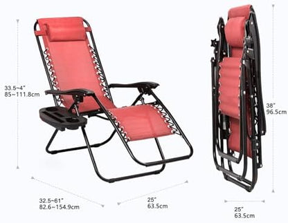 Nazhura Set of 2 Relaxing Recliners Patio Chairs Adjustable Steel Mesh Zero Gravity Lounge Chair Beach Chairs with Pillow and Cup Holder Khaki (Pink)