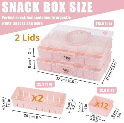 Stackable Snackle Box Container with 2 Lids, 14 Compartments - BPA-Free Snackle box Organizer, Dishwasher & Microwave Safe Reusable Snacklebox for Veggies, Fruits, Charcuterie, Snacks (Pink, 2 Pack)